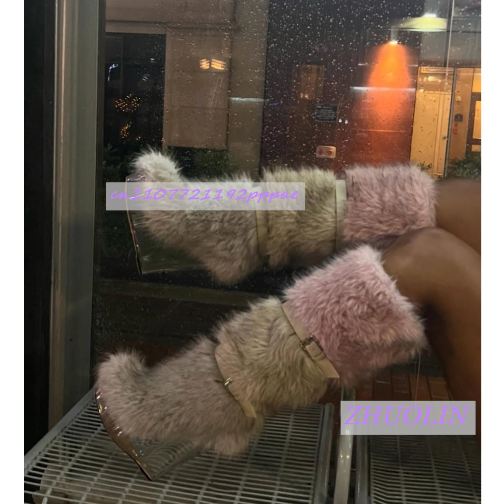 Street Fashion Runway - Botas de cuña transparentes peludas con