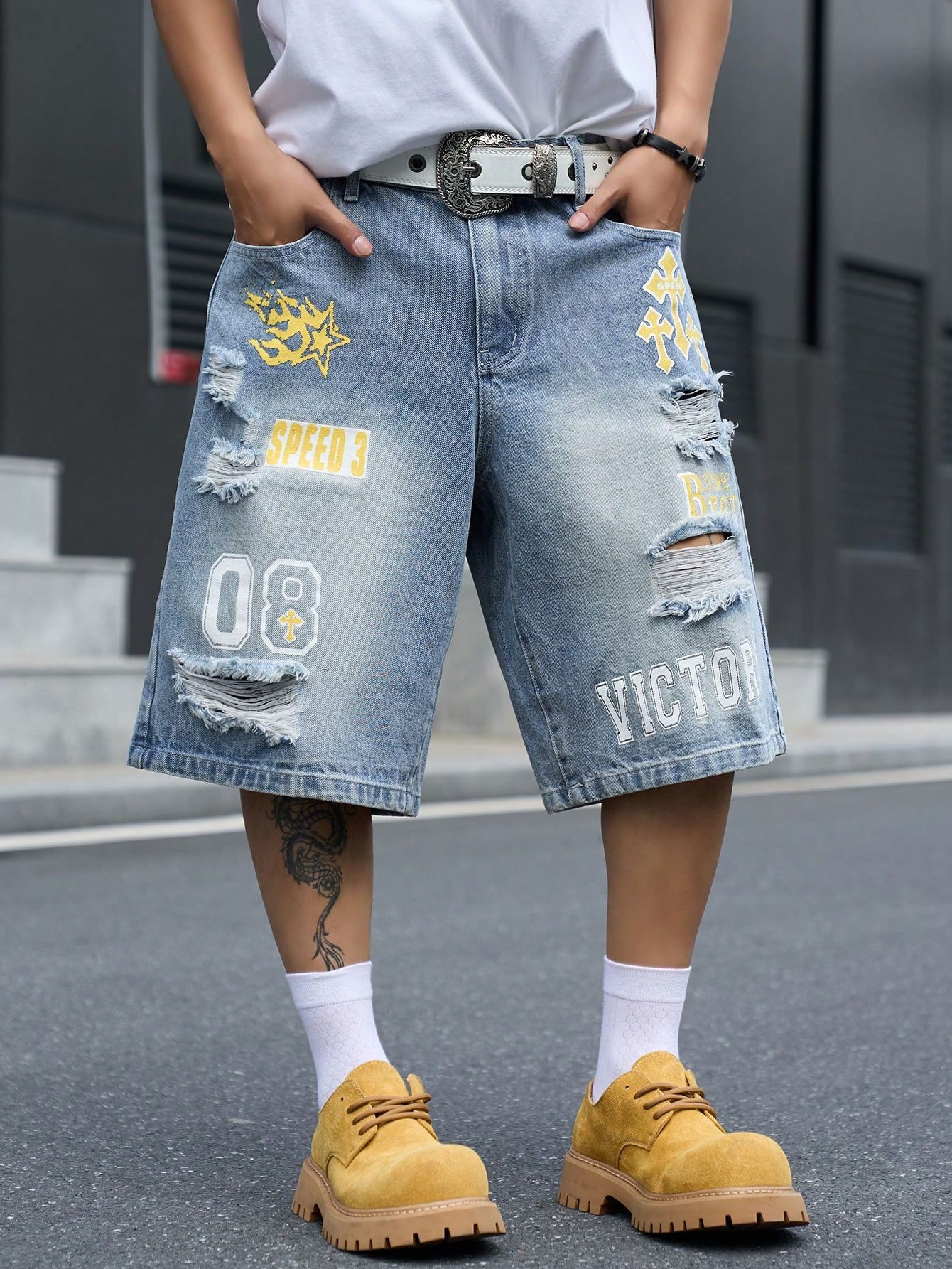 Street Fashion Hip Hop - Pantalones cortos de mezclilla holgados para